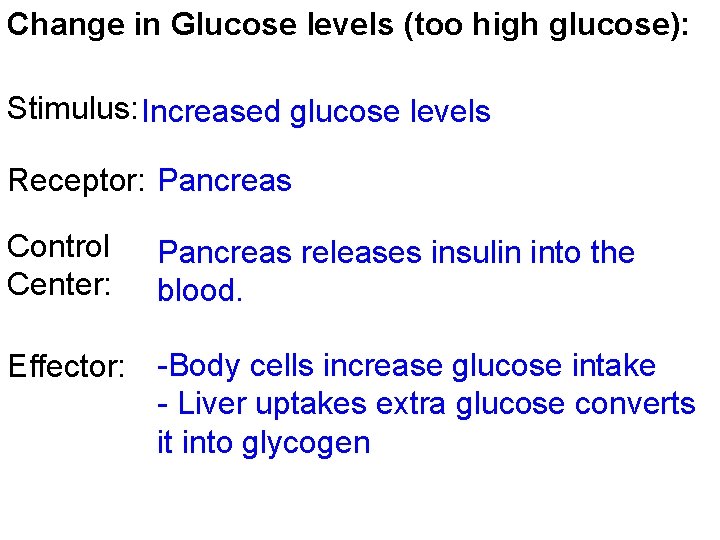 Change in Glucose levels (too high glucose): Stimulus: Increased glucose levels Receptor: Pancreas Control