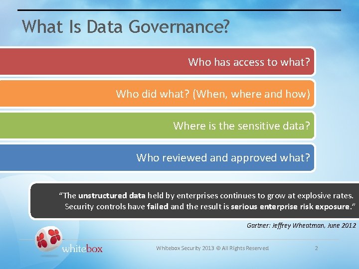 What Is Data Governance? Who has access to what? Who did what? (When, where