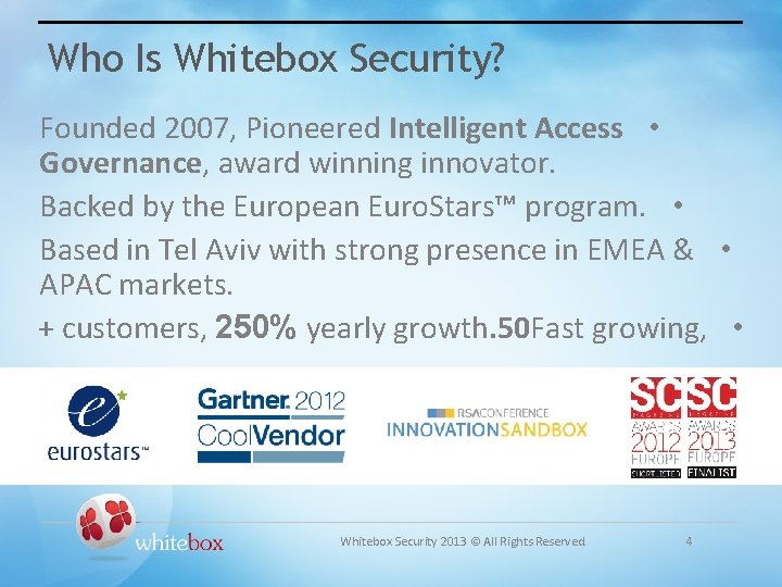 Who Is Whitebox Security? Founded 2007, Pioneered Intelligent Access • Governance, award winning innovator.