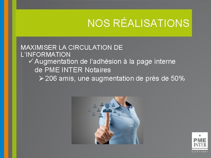 NOS RÉALISATIONS MAXIMISER LA CIRCULATION DE L’INFORMATION ü Augmentation de l’adhésion à la page