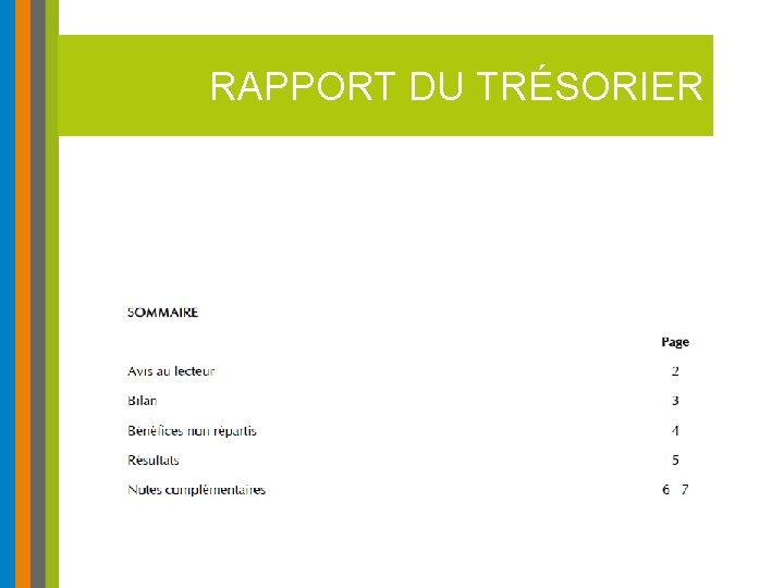 RAPPORT DU TRÉSORIER 