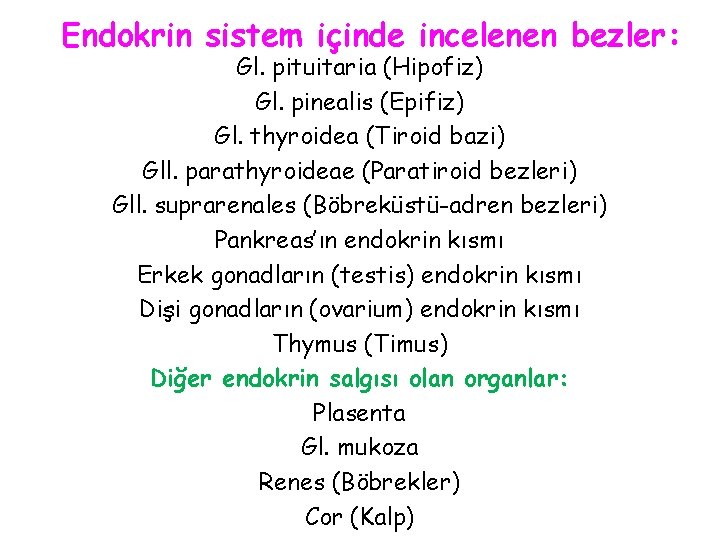 Endokrin sistem içinde incelenen bezler: Gl. pituitaria (Hipofiz) Gl. pinealis (Epifiz) Gl. thyroidea (Tiroid