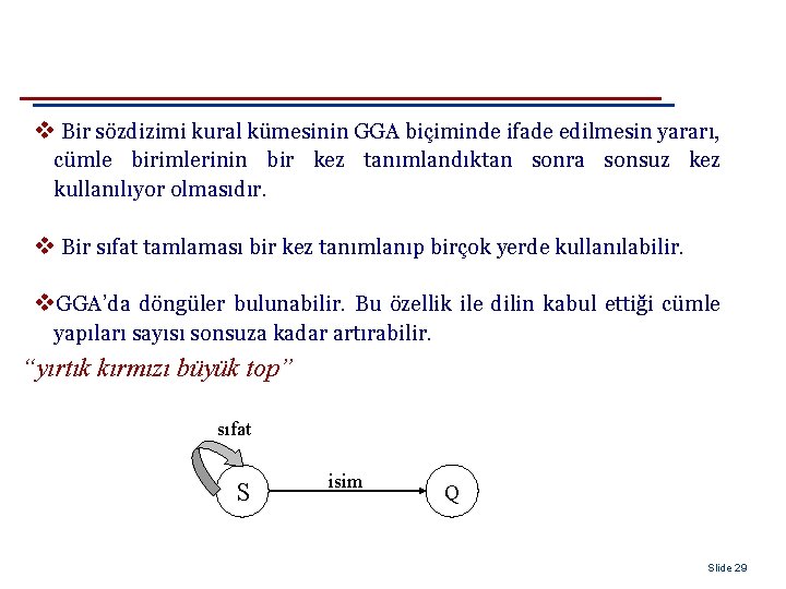 v Bir sözdizimi kural kümesinin GGA biçiminde ifade edilmesin yararı, cümle birimlerinin bir kez