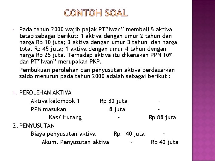  Pada tahun 2000 wajib pajak PT”Iwan” membeli 5 aktiva tetap sebagai berikut: 1