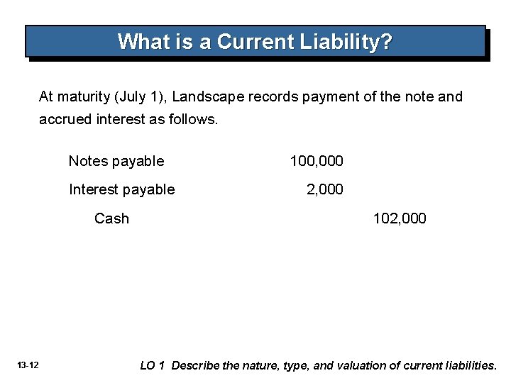 What is a Current Liability? At maturity (July 1), Landscape records payment of the