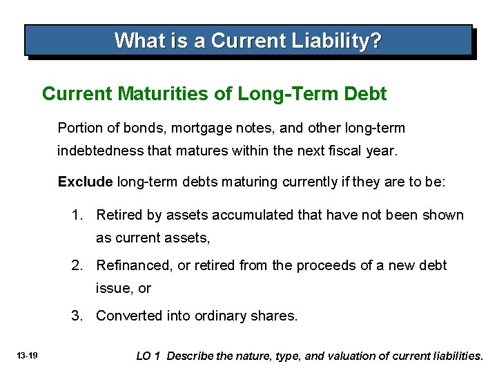 What is a Current Liability? Current Maturities of Long-Term Debt Portion of bonds, mortgage