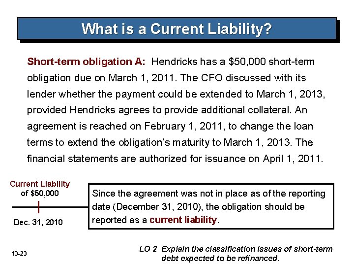 What is a Current Liability? Short-term obligation A: Hendricks has a $50, 000 short-term