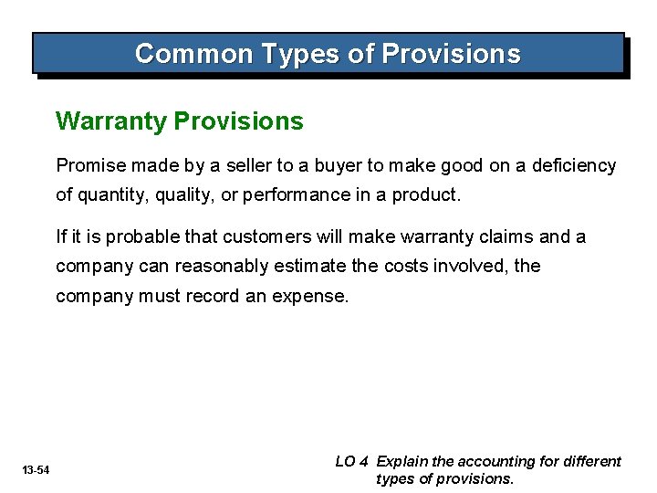 Common Types of Provisions Warranty Provisions Promise made by a seller to a buyer