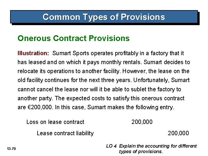Common Types of Provisions Onerous Contract Provisions Illustration: Sumart Sports operates profitably in a