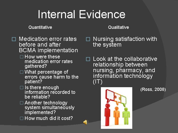Internal Evidence Quantitative � Medication error rates before and after BCMA implementation � How