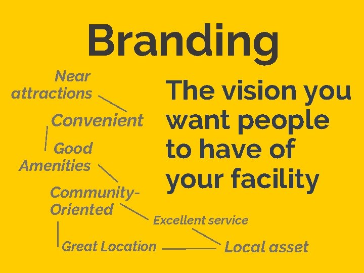 Branding Near attractions The vision you want people to have of your facility Convenient