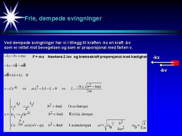 Frie, dempede svingninger Ved dempede svingninger har vi i tillegg til kraften -kx en