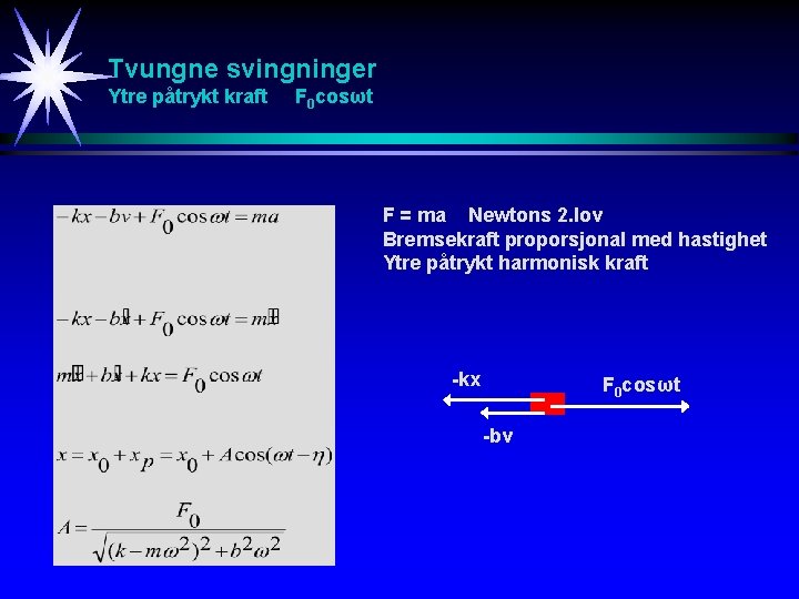 Tvungne svingninger Ytre påtrykt kraft F 0 cosωt F = ma Newtons 2. lov