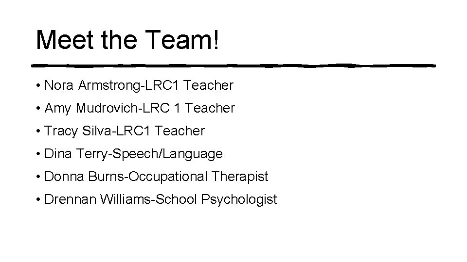 Meet the Team! • Nora Armstrong-LRC 1 Teacher • Amy Mudrovich-LRC 1 Teacher •
