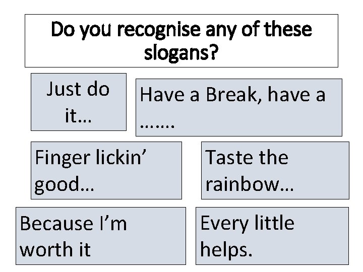 Do you recognise any of these slogans? Just do it… Have a Break, have