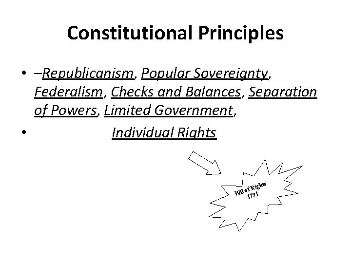 Constitutional Principles • –Republicanism, Popular Sovereignty, Federalism, Checks and Balances, Separation of Powers, Limited