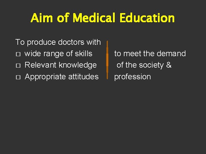 Aim of Medical Education To produce doctors with � wide range of skills �