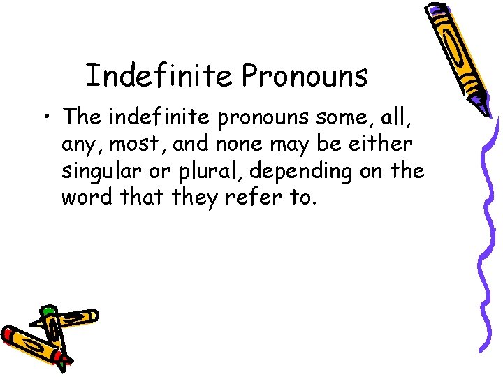Indefinite Pronouns • The indefinite pronouns some, all, any, most, and none may be