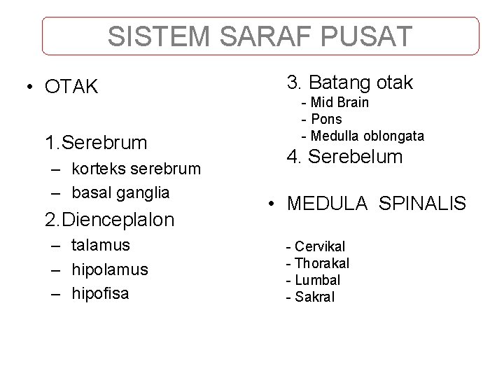 SISTEM SARAF PUSAT • OTAK 1. Serebrum – korteks serebrum – basal ganglia 2.