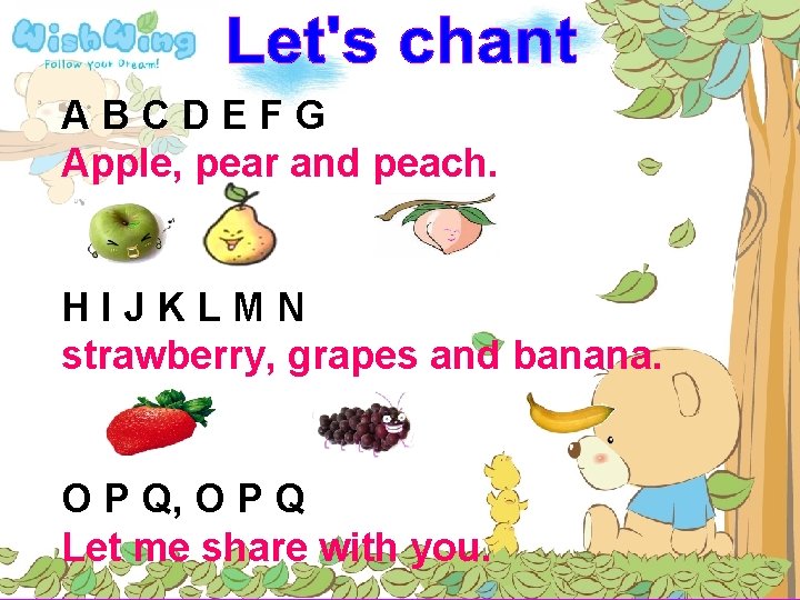 ABCDEFG Apple, pear and peach. HIJKLMN strawberry, grapes and banana. O P Q, O