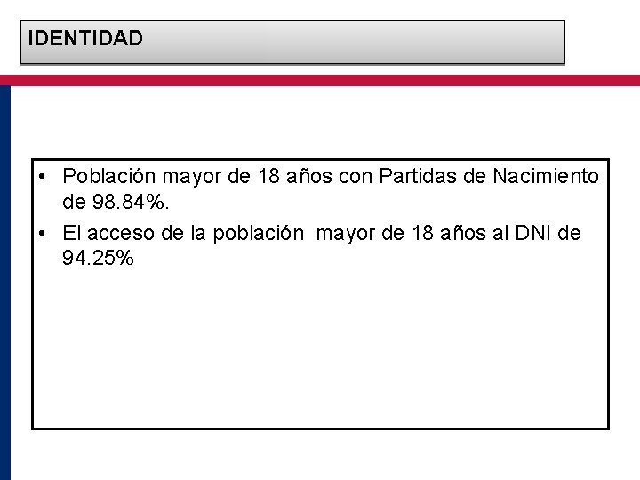 IDENTIDAD • Población mayor de 18 años con Partidas de Nacimiento de 98. 84%.