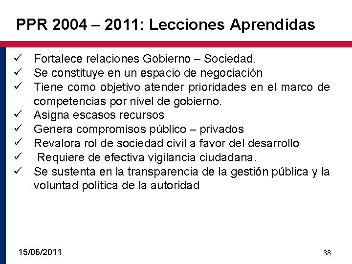 PPR 2004 – 2011: Lecciones Aprendidas ü Fortalece relaciones Gobierno – Sociedad. ü Se