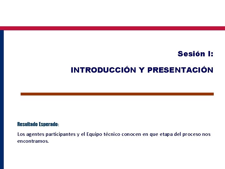 Sesión I: INTRODUCCIÓN Y PRESENTACIÓN Resultado Esperado: Los agentes participantes y el Equipo técnico