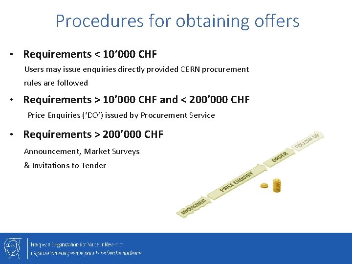 Procedures for obtaining offers • Requirements < 10’ 000 CHF Users may issue enquiries