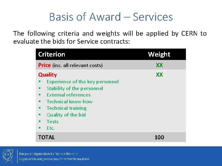 Basis of Award – Services The following criteria and weights will be applied by
