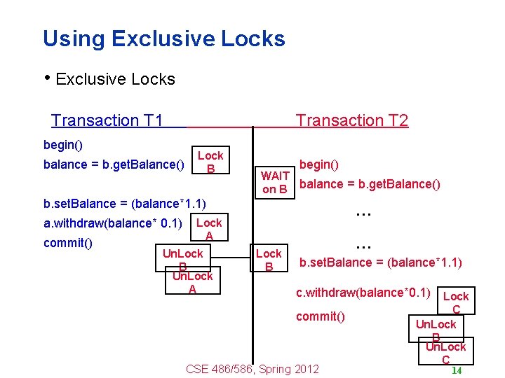 Using Exclusive Locks • Exclusive Locks Transaction T 1 begin() balance = b. get.