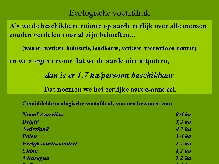 Ecologische voetafdruk Als we de beschikbare ruimte op aarde eerlijk over alle mensen zouden