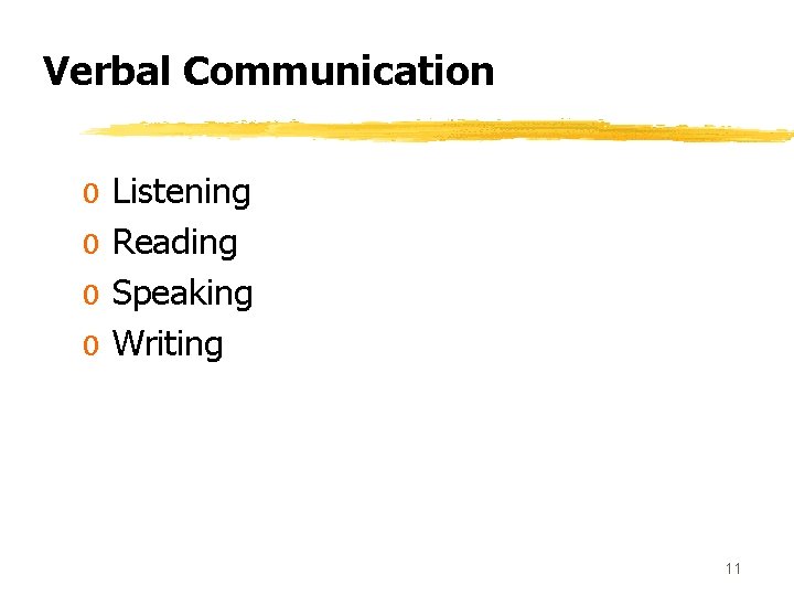 Verbal Communication 0 Listening 0 Reading 0 Speaking 0 Writing 11 