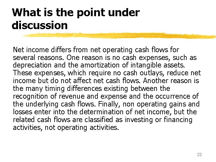 What is the point under discussion Net income differs from net operating cash flows
