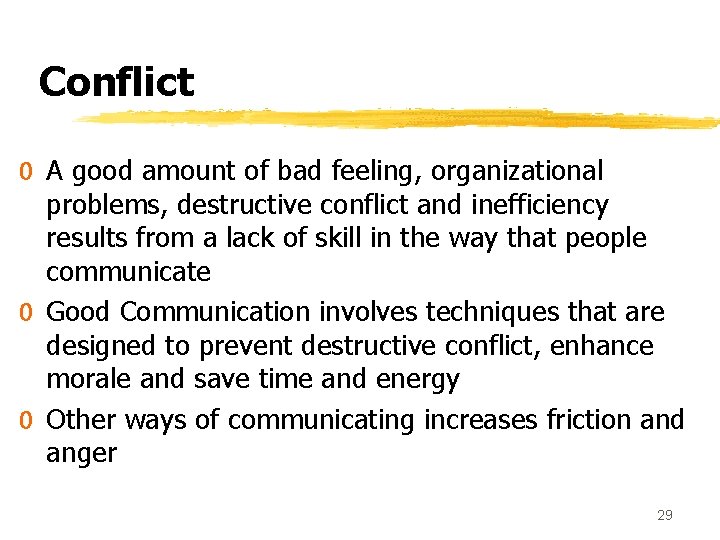 Conflict 0 A good amount of bad feeling, organizational problems, destructive conflict and inefficiency