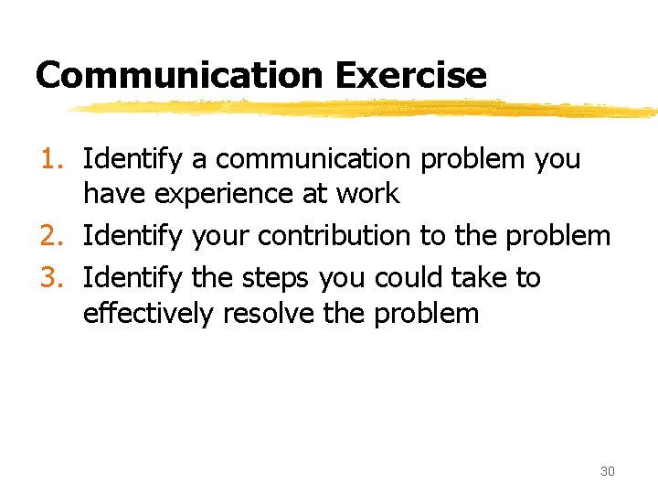 Communication Exercise 1. Identify a communication problem you have experience at work 2. Identify