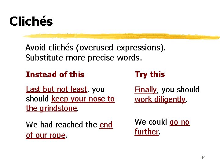 Clichés Avoid clichés (overused expressions). Substitute more precise words. Instead of this Try this