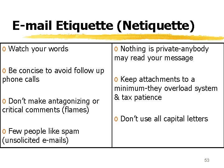 E-mail Etiquette (Netiquette) 0 Watch your words 0 Be concise to avoid follow up
