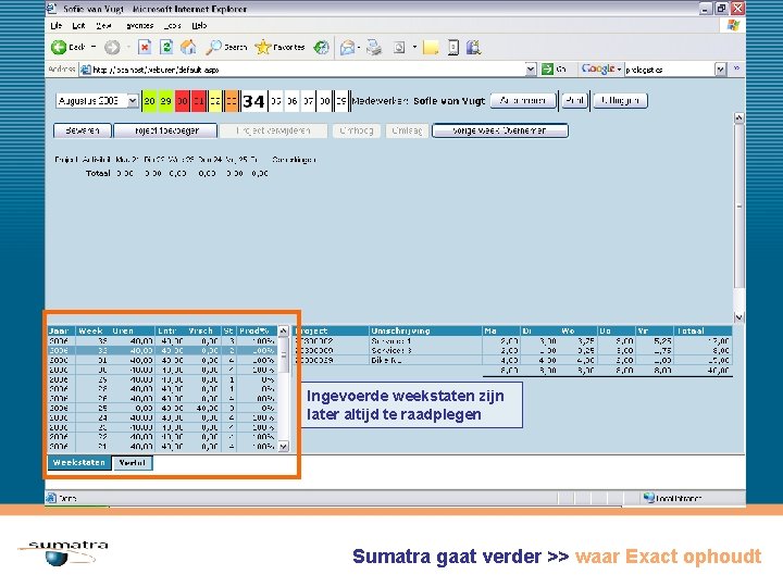 Ingevoerde weekstaten zijn later altijd te raadplegen Sumatra gaat verder >> waar Exact ophoudt