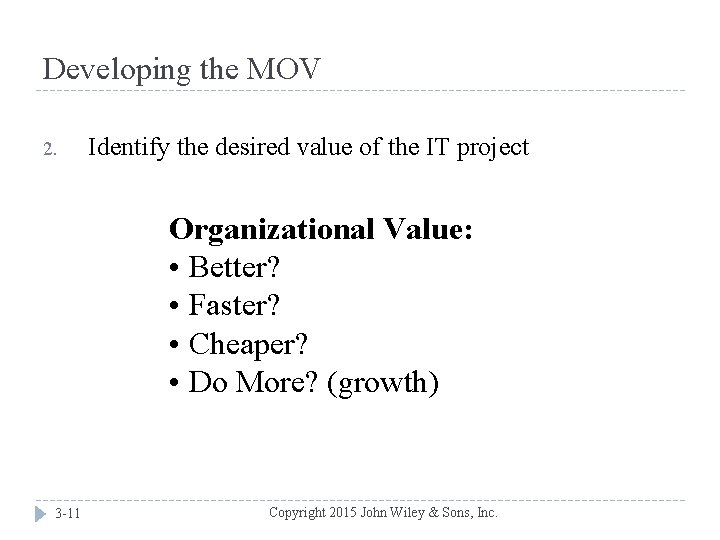 Developing the MOV 2. Identify the desired value of the IT project Organizational Value: