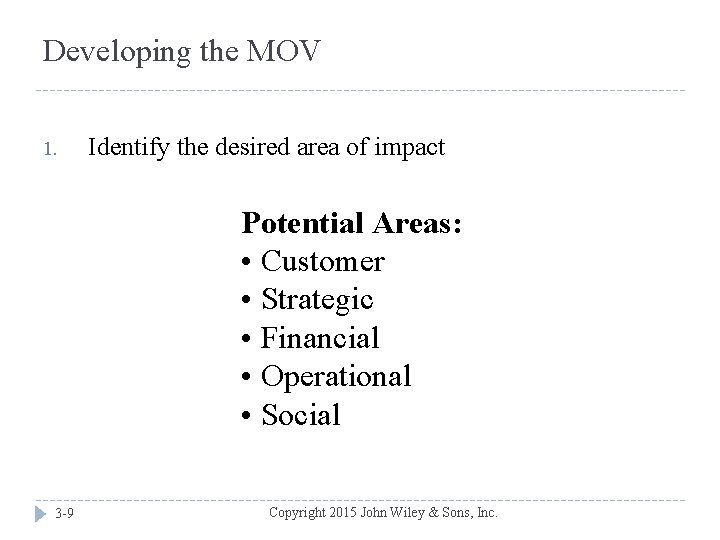 Developing the MOV 1. Identify the desired area of impact Potential Areas: • Customer