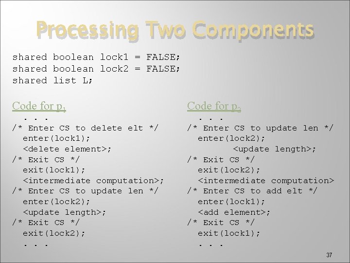 Processing Two Components shared boolean lock 1 = FALSE; shared boolean lock 2 =