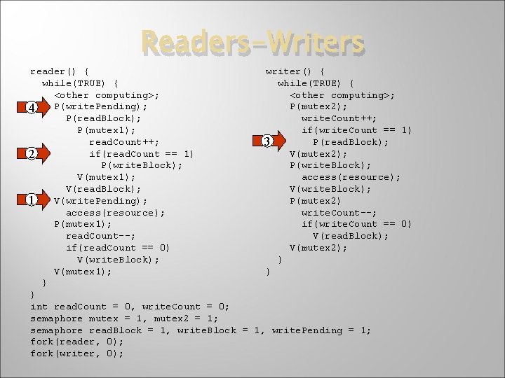 Readers-Writers reader() { writer() { while(TRUE) { <other computing>; P(write. Pending); P(mutex 2); 4