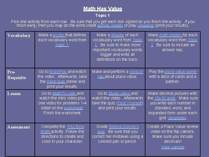 Math Has Value Topic 1 Pick one activity from each row. Be sure that