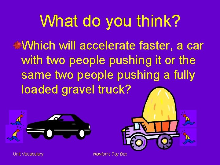 What do you think? Which will accelerate faster, a car with two people pushing