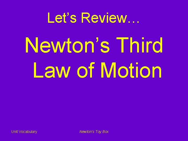 Let’s Review… Newton’s Third Law of Motion Unit Vocabulary Newton’s Toy Box 