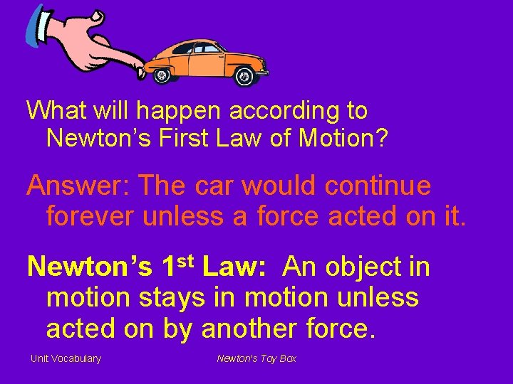 What will happen according to Newton’s First Law of Motion? Answer: The car would