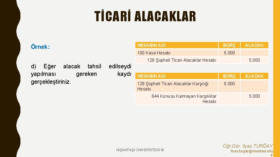 TİCARİ ALACAKLAR Örnek: HESABIN ADI BORÇ 100 Kasa Hesabı 5. 000 128 Şüpheli Ticari