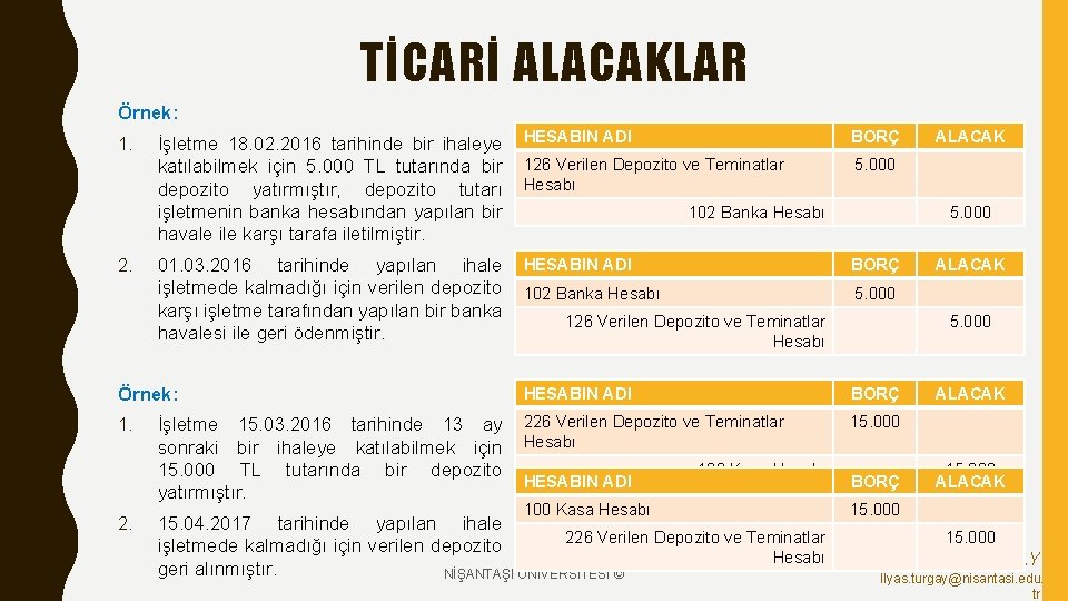 TİCARİ ALACAKLAR Örnek: 1. 2. İşletme 18. 02. 2016 tarihinde bir ihaleye katılabilmek için