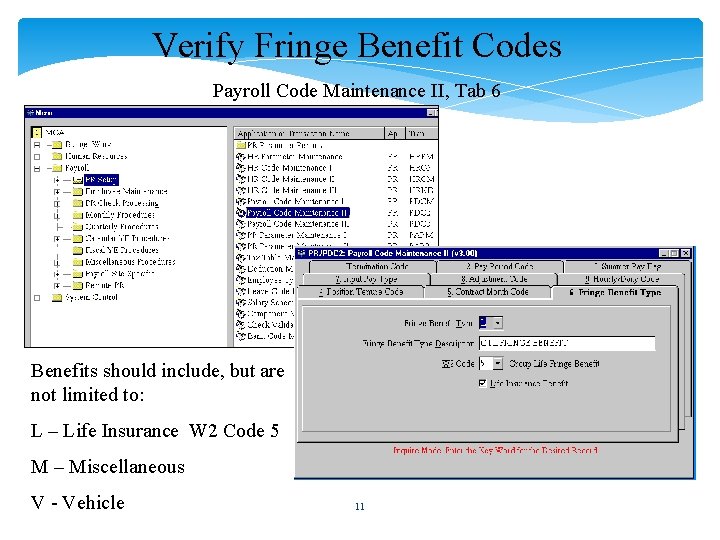 Verify Fringe Benefit Codes Payroll Code Maintenance II, Tab 6 Benefits should include, but