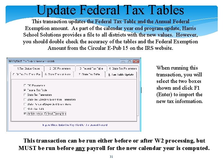 Update Federal Tax Tables This transaction updates the Federal Tax Table and the Annual